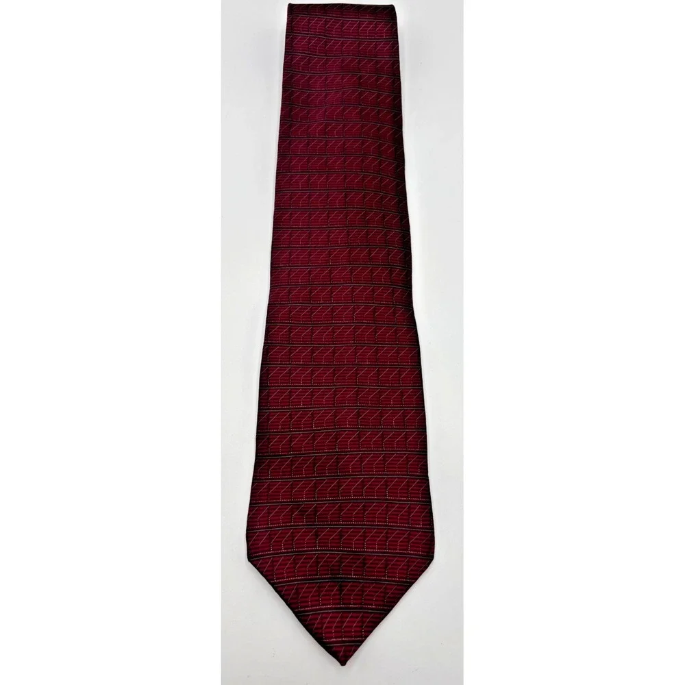 DKNY Men's 100% Silk Neck Tie Red Burgundy Gray Geometric Designer